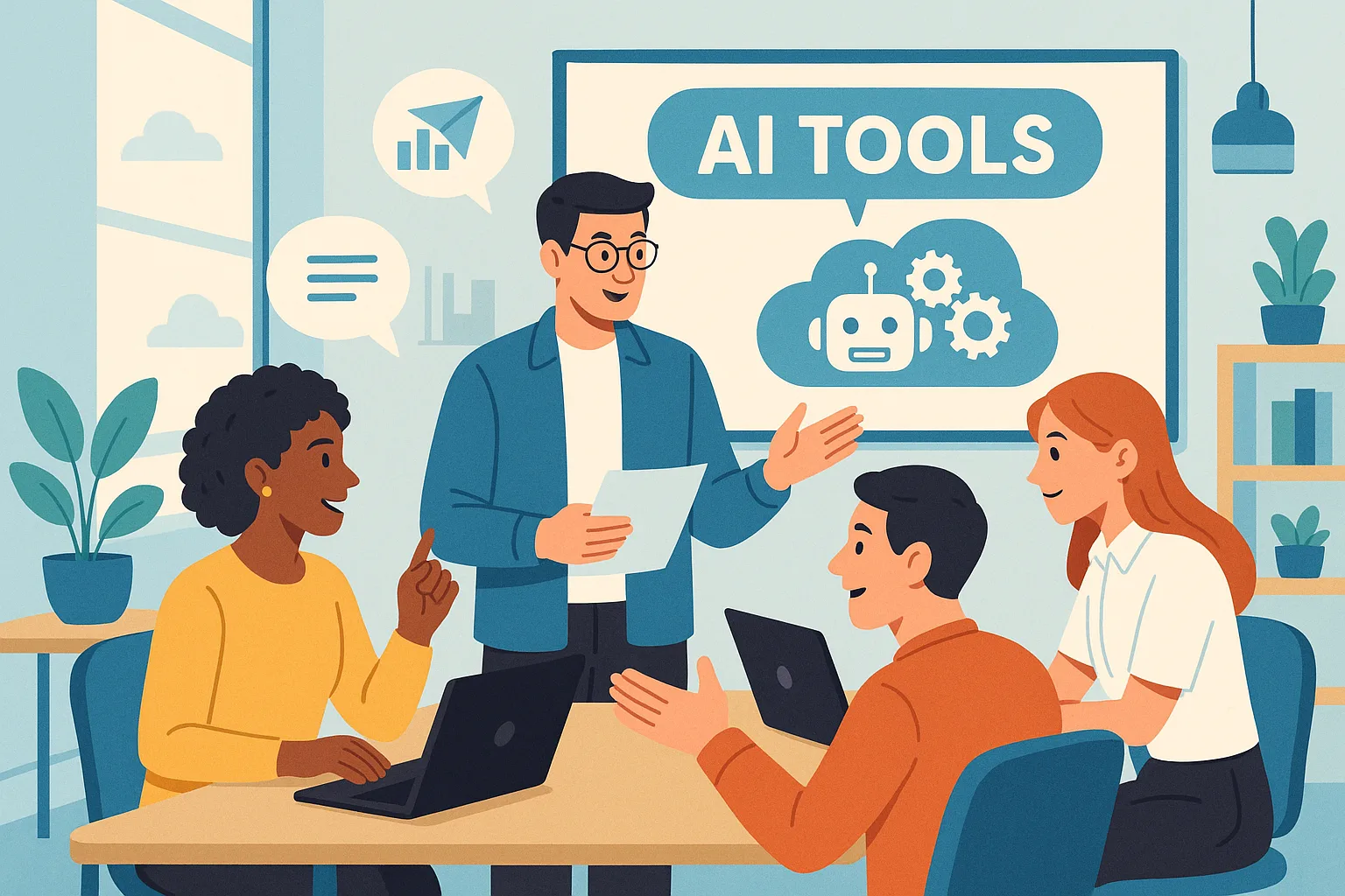 editorial illustration of a digital marketing team discussing AI tools in a modern office setting, bright lighting