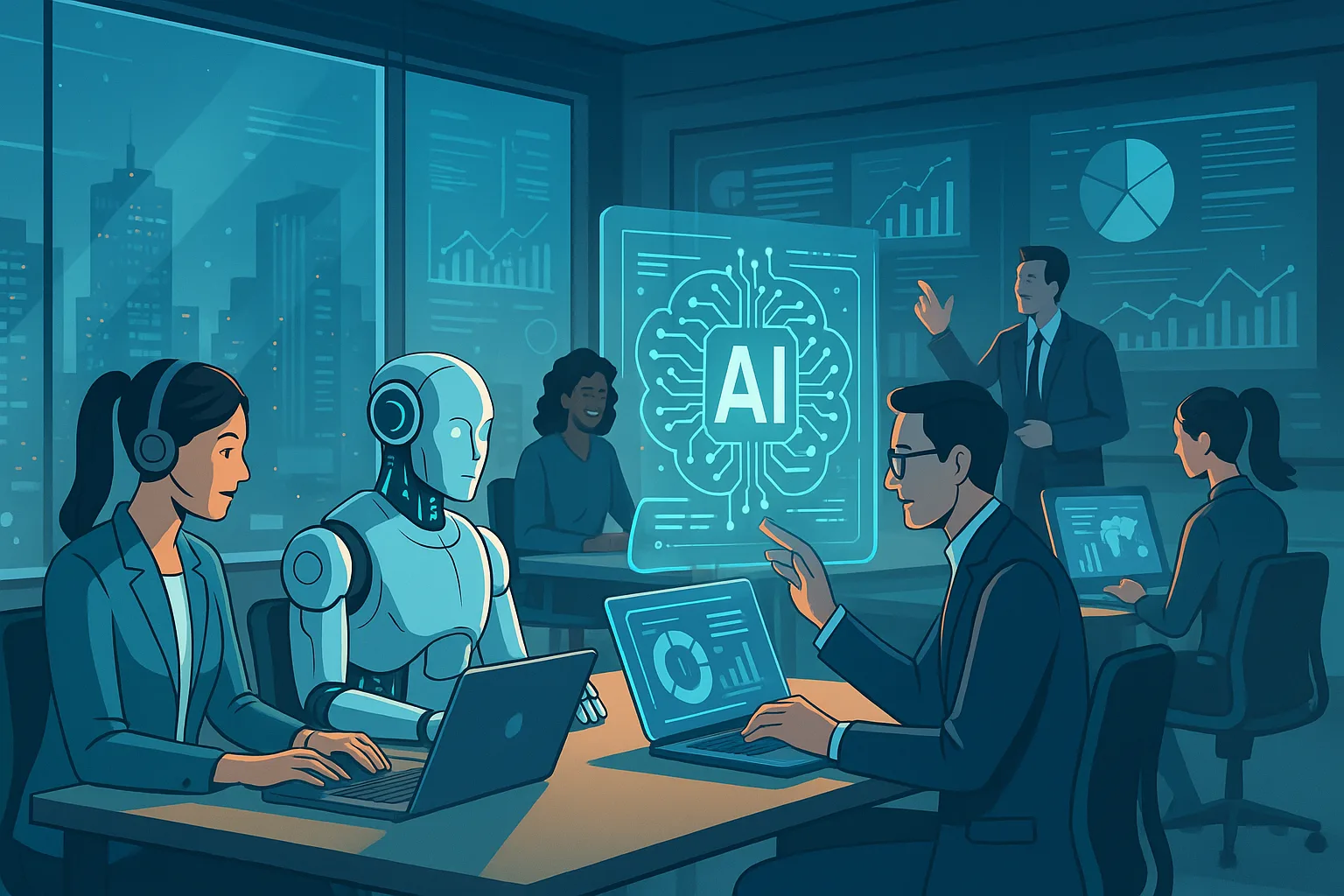 a futuristic office environment where teams are collaborating with AI technology