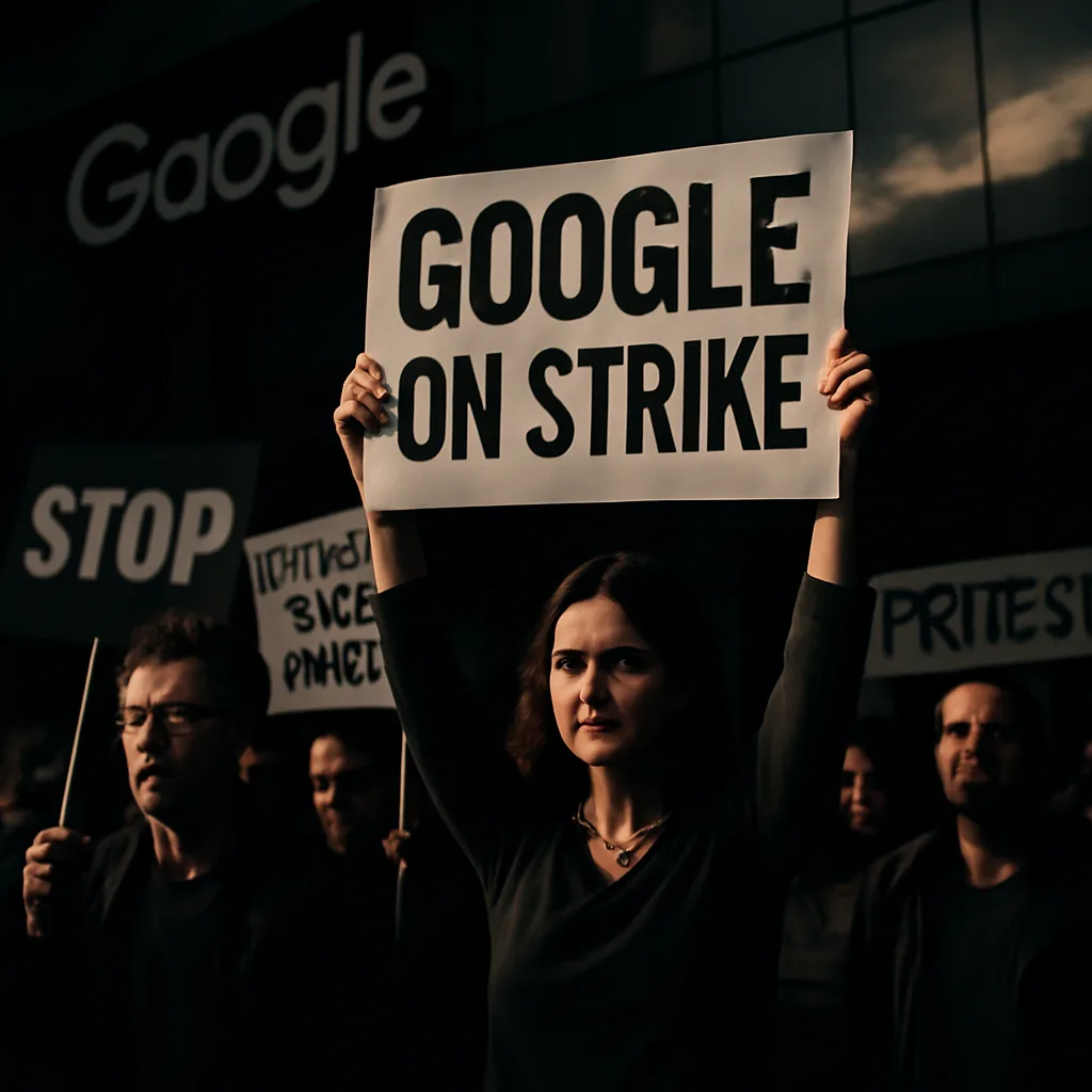 dramatic lighting on a group of Google employees protesting outside the office building