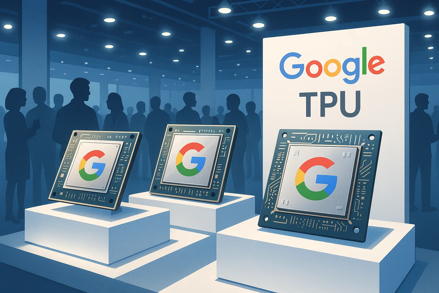 editorial illustration of Google's TPU chips showcased at a tech conference, modern and sleek design, bright lighting