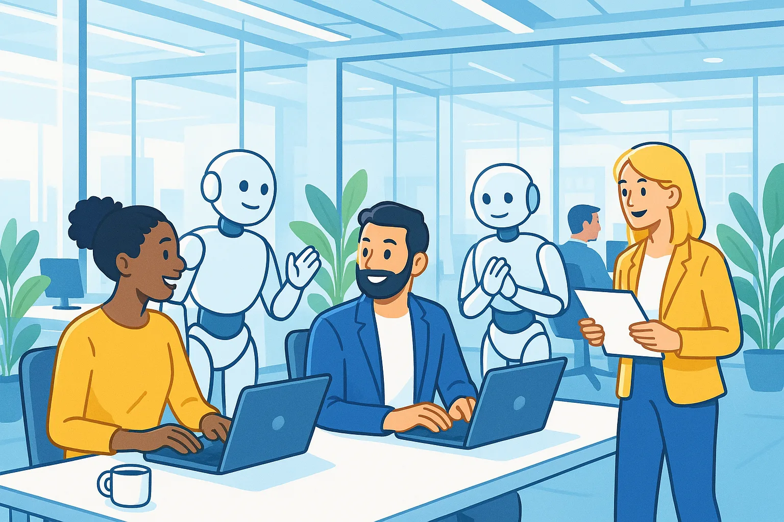 editorial illustration of a futuristic office environment with AI assistants interacting with employees, bright and mode