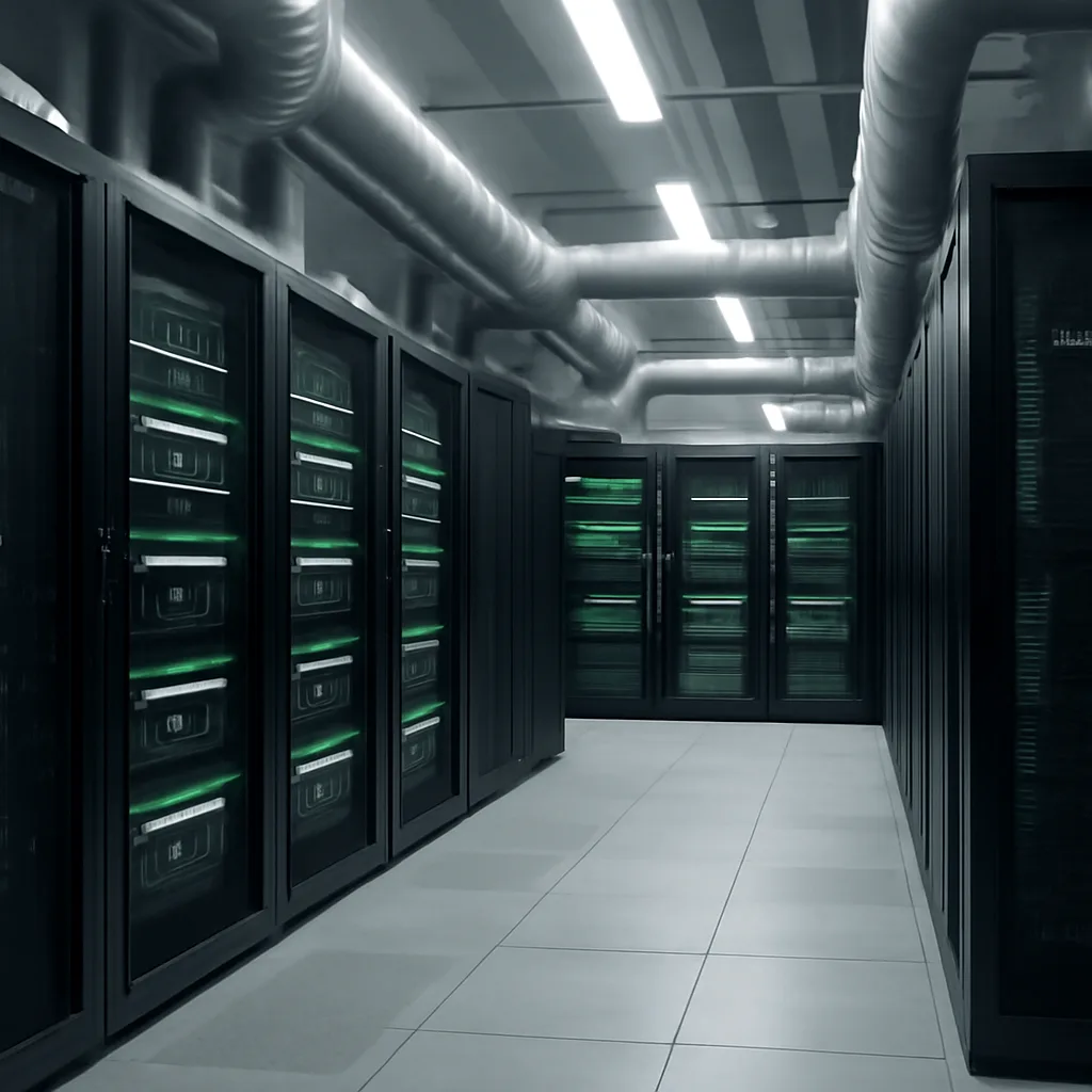 photorealistic view of a modern data center with advanced AI hardware and cooling systems