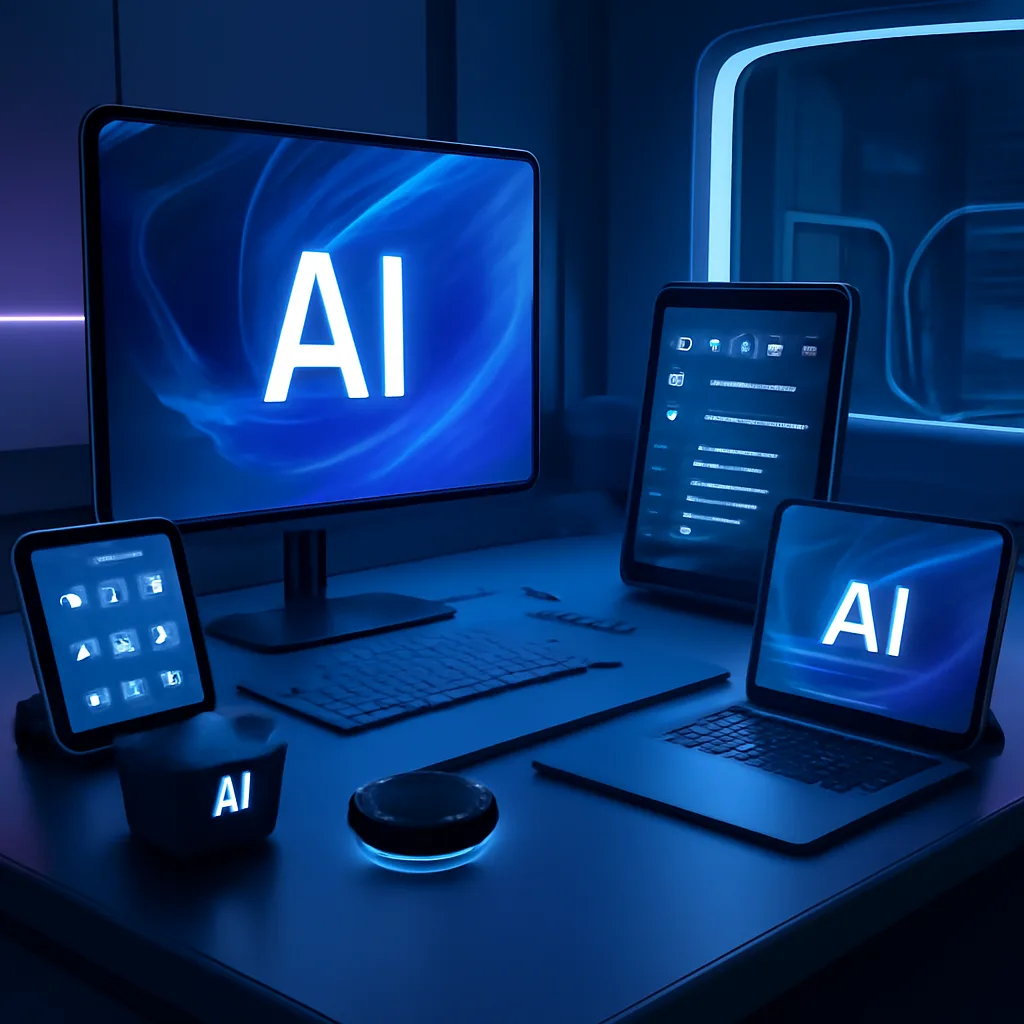 futuristic workspace with AI tools and devices integrated into daily tasks