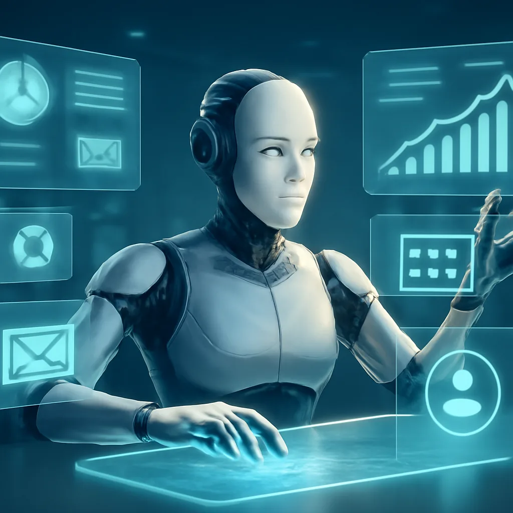 photorealistic illustration of a futuristic AI agent managing multiple tasks on a digital interface