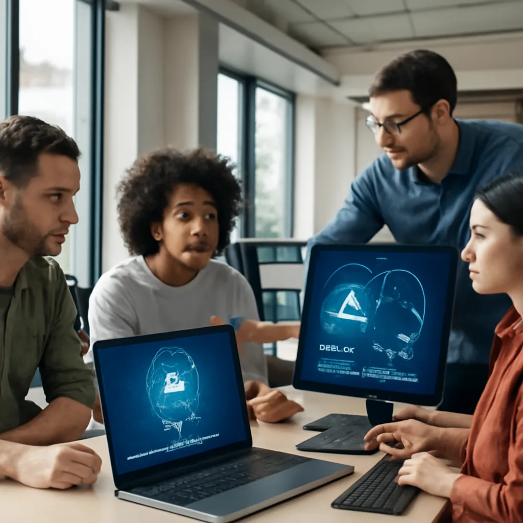 photorealistic image of a team collaborating in a modern office space with AI tools on screens