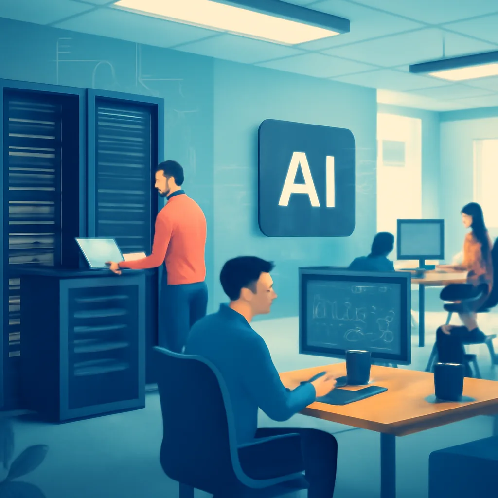 editorial illustration of a tech company office environment, showcasing computer servers and AI-related technology, mode
