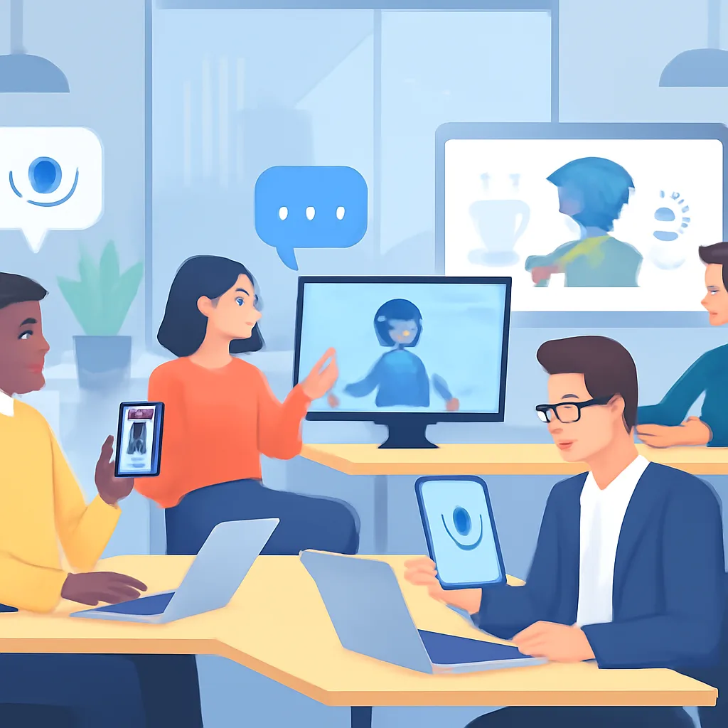 a modern office environment with employees using dictation apps, collaborative technology, and AI tools