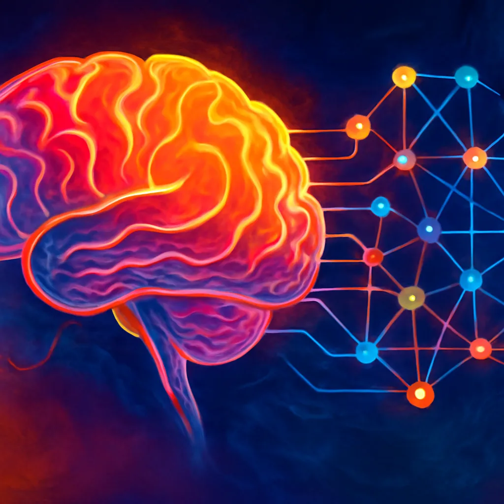 abstract illustration of artificial intelligence evolution, showing a brain and neural networks with bright colors