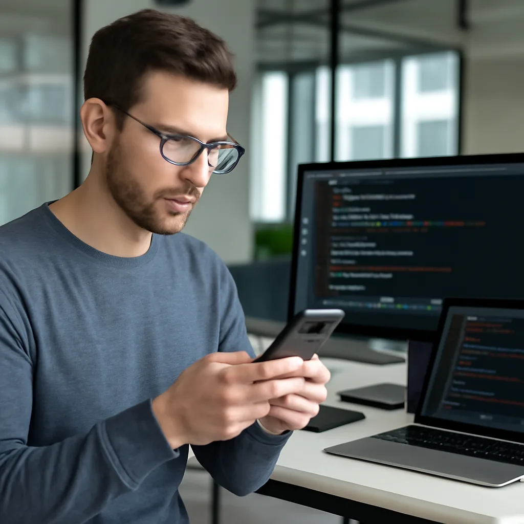 a developer using a smartphone to manage coding tasks remotely in a modern office setting