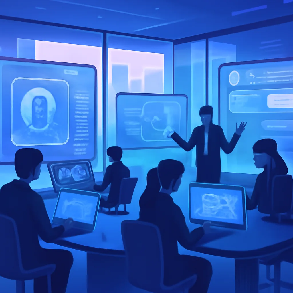 futuristic office with AI tools in action, showcasing enterprise collaboration