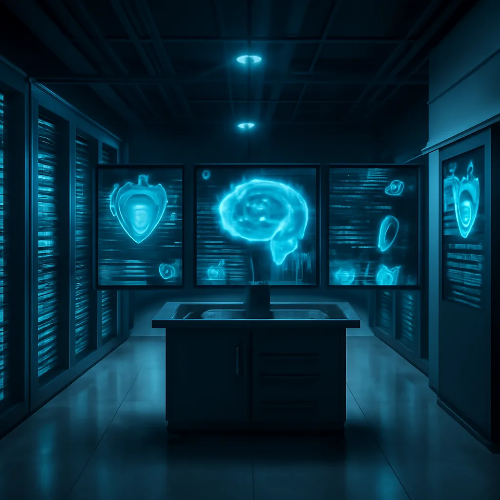 a futuristic data center with advanced AI infrastructure and security systems, showcasing servers and monitoring screens