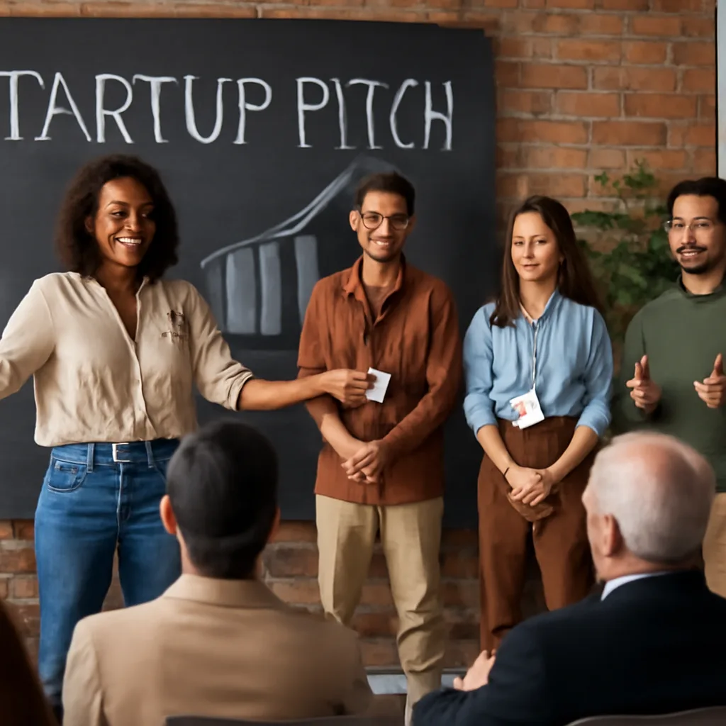 dynamic scene of a startup pitching event with diverse entrepreneurs presenting to investors