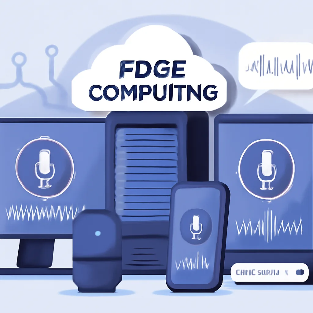 editorial illustration of a high-tech edge computing environment with voice AI applications, featuring sleek devices and