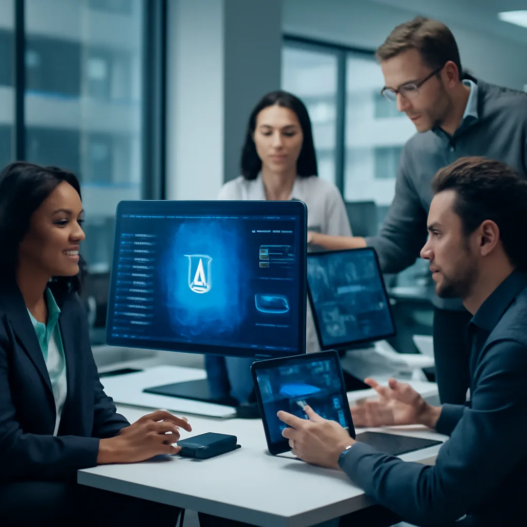 a high-tech office environment with employees collaborating using AI tools