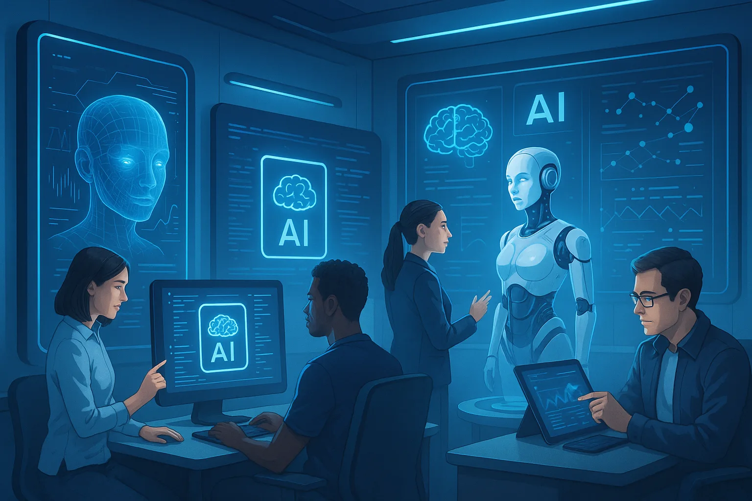 photorealistic illustration of a futuristic AI workspace with people interacting with advanced AI tools