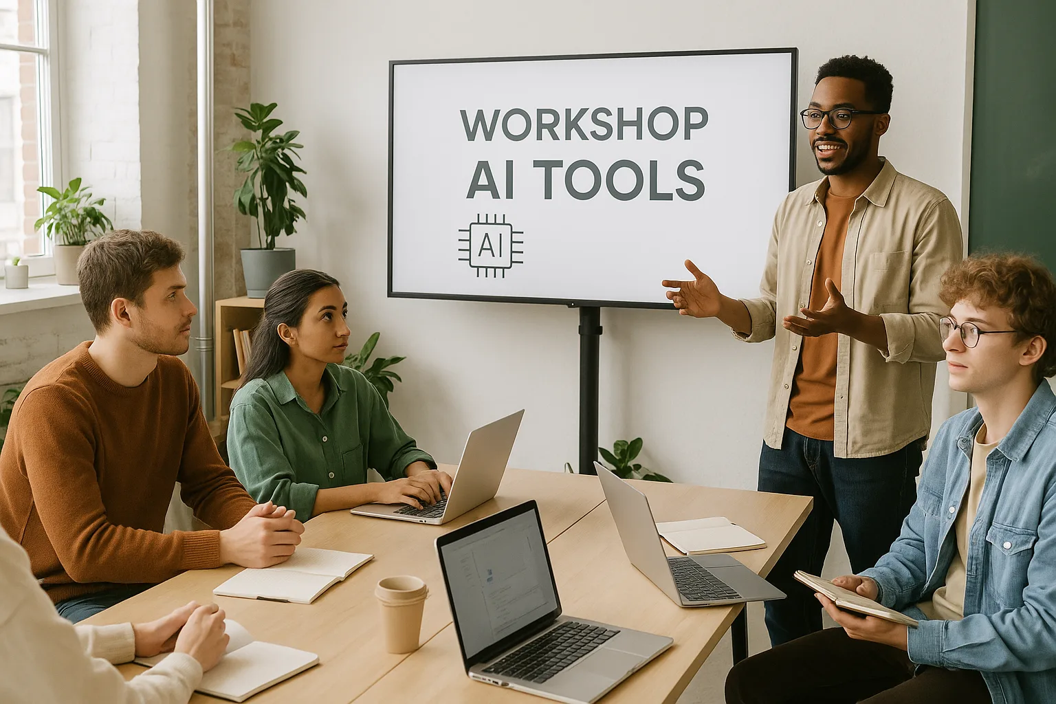a modern workshop setting with young adults learning about AI tools in a bright, collaborative space