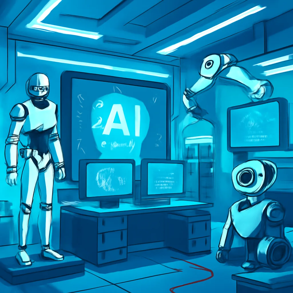 editorial illustration of a futuristic AI lab, showcasing advanced technology and robotics, bright lighting, no people