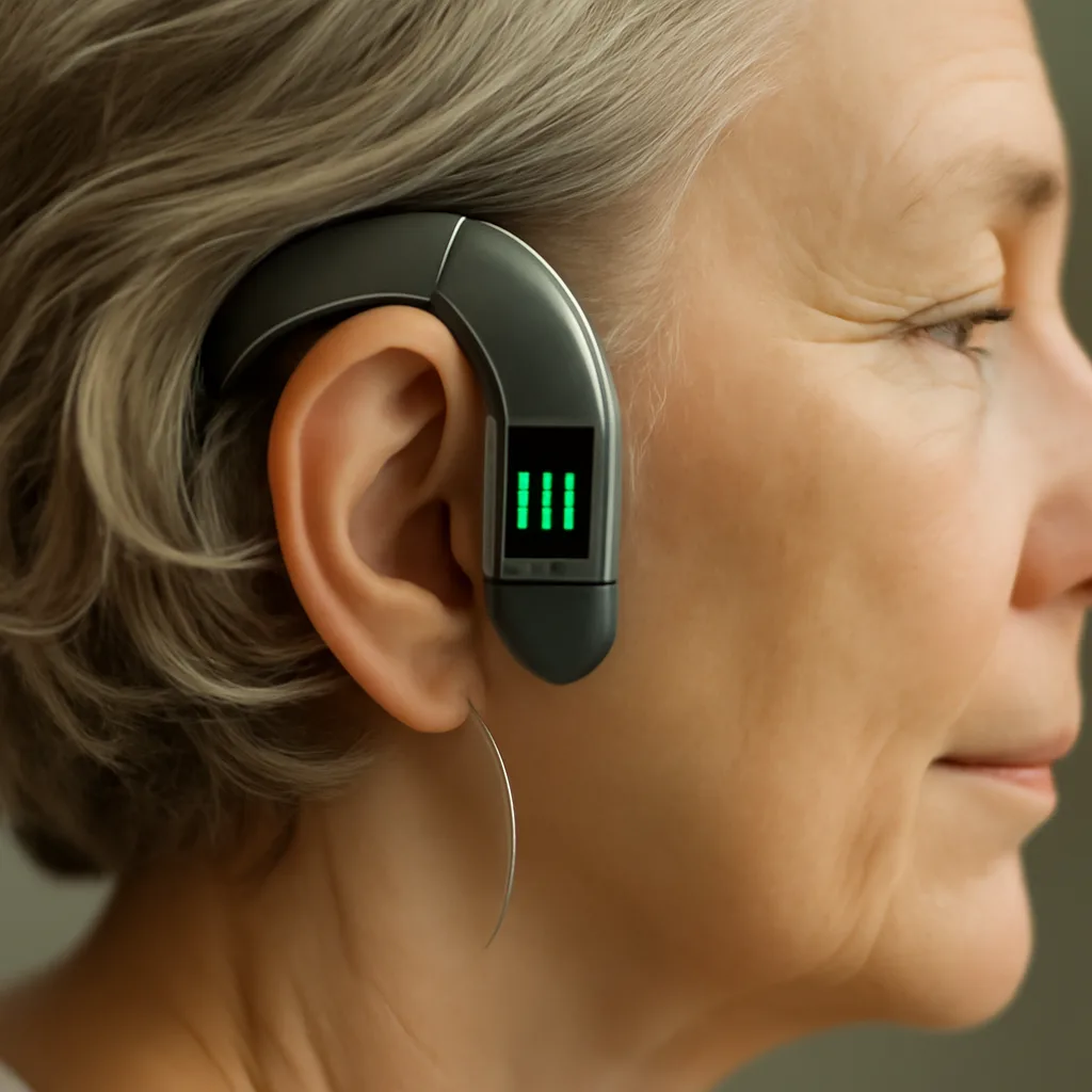 photorealistic illustration of a modern AI-enhanced hearing aid in use