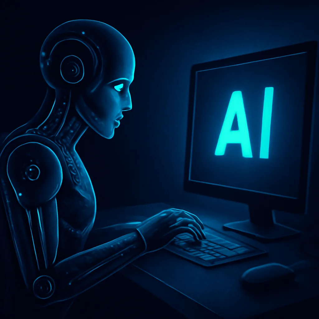 editorial illustration of an AI model interacting with a computer, dark ambient lighting, futuristic design, no people