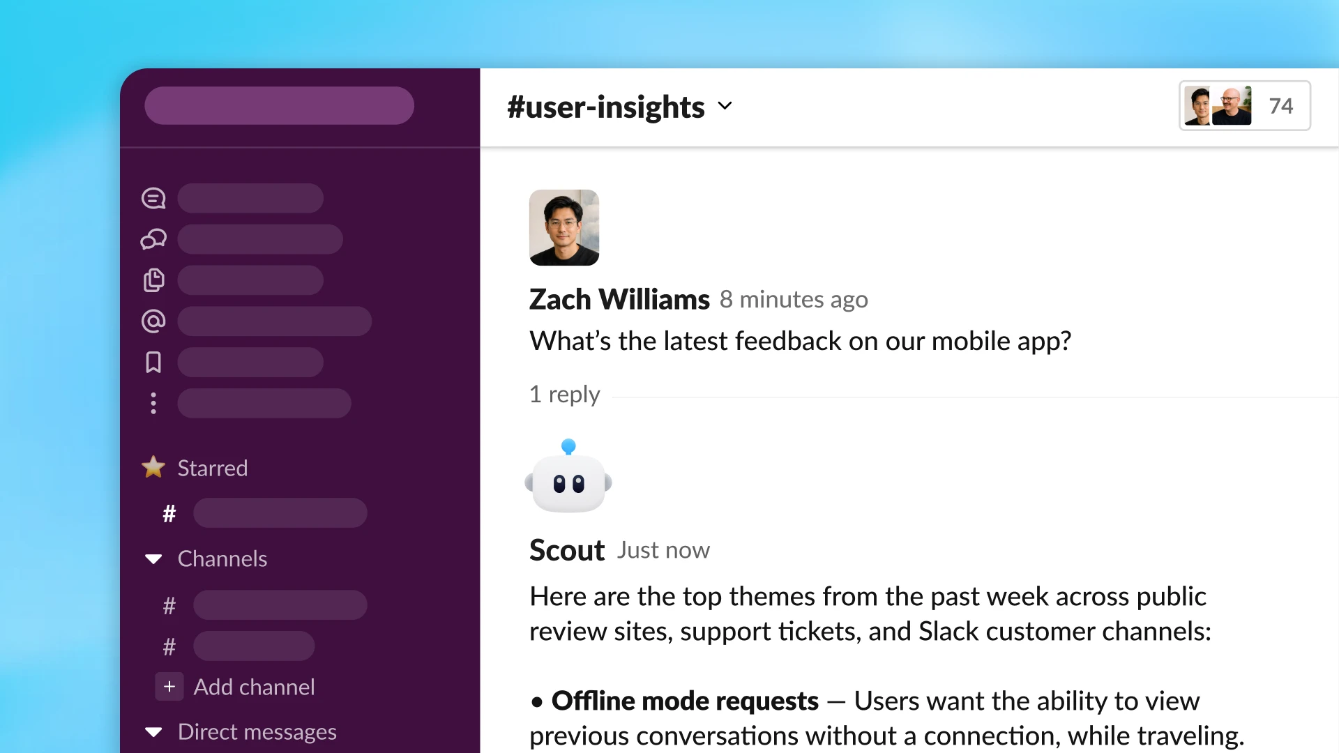 Slack 工作區的示意畫面：一位隊友詢問某個行動應用程式的最新回饋，而名為 Sola 的「Product Feedback Router」智慧體則回覆整理後的使用者洞察摘要。